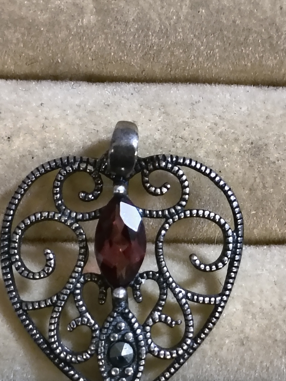 Ross-Simons Silver-Tone Filigree Heart Pendant with Deep Red Marquise Stone